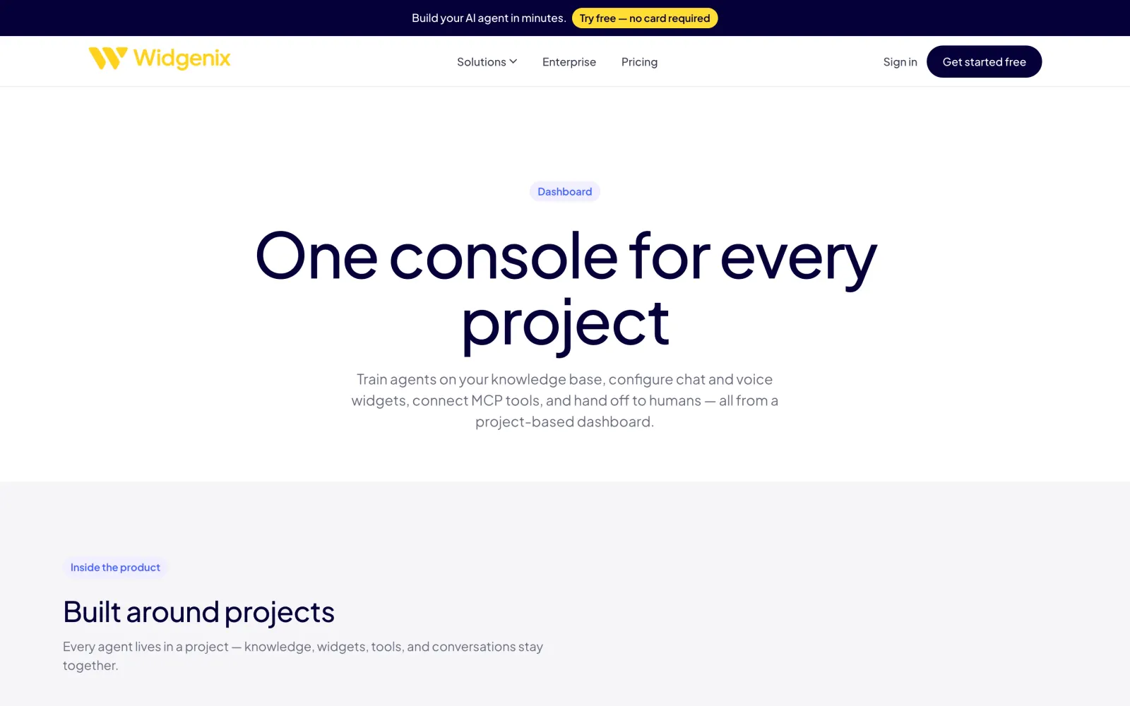 Widgenix project dashboard for a knowledge-trained agent